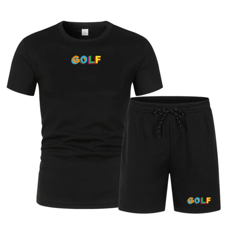 

Zomer Golf Logo Kleur Afdrukken Mannen Sportkleding Tweedelige Pak Fitness Uniform Korte Mouwen Blauw T-shirt + shorts