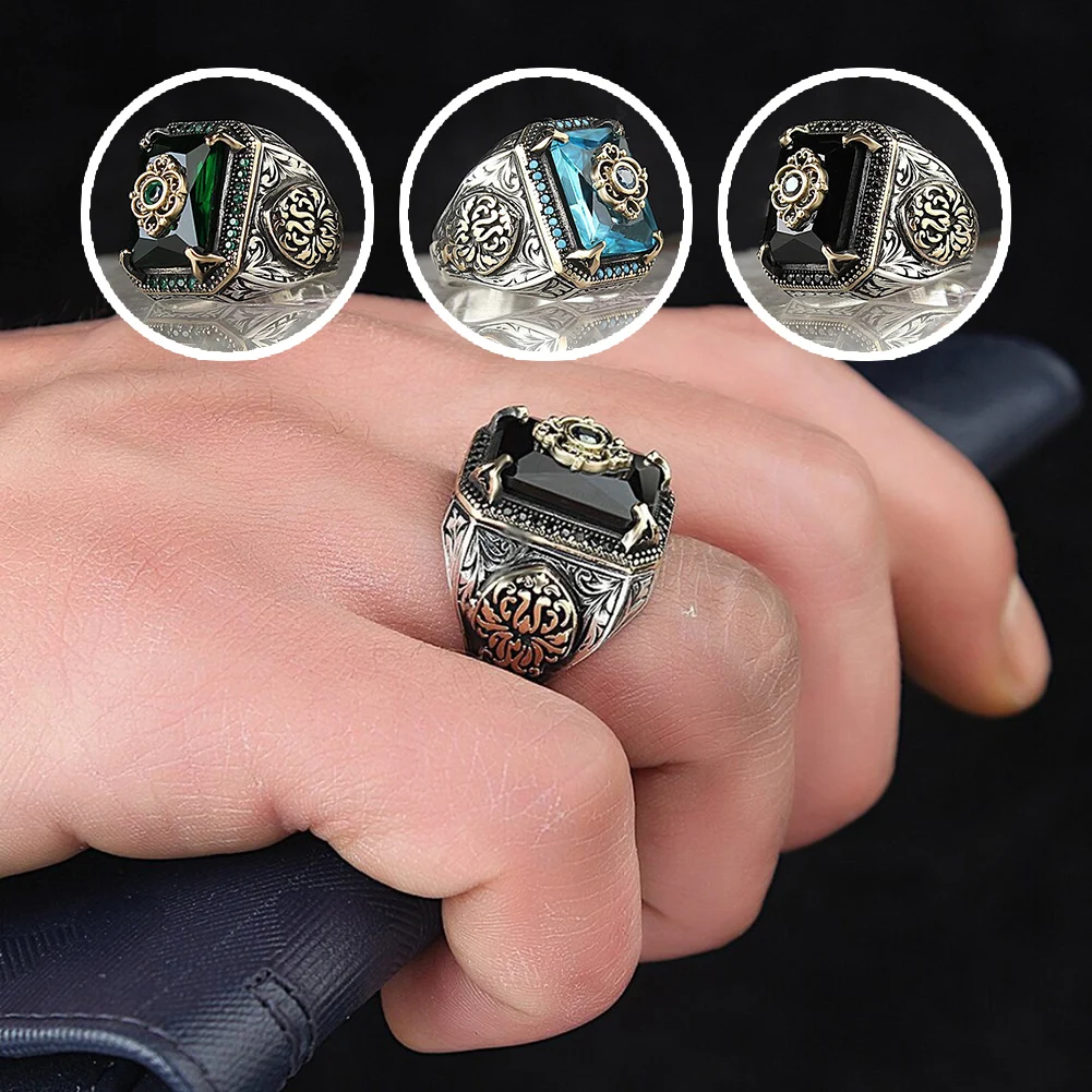 

Retro Handmade Turkish Ring For Men Vintage Double Swords Black Zircon Rings Punk 2022 Trendy Islamic Religious Muslim Jewelry
