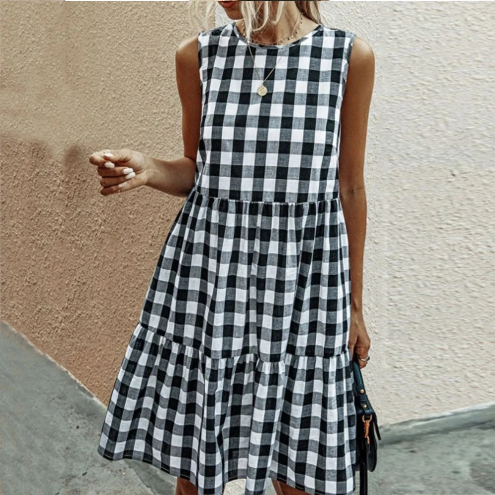 

Dress For Women Summer Casual Loose Plaid Print Ruffled Midi Dresses Sleeveless Vintage Elegant Ladies Dress Robe Femme 2021