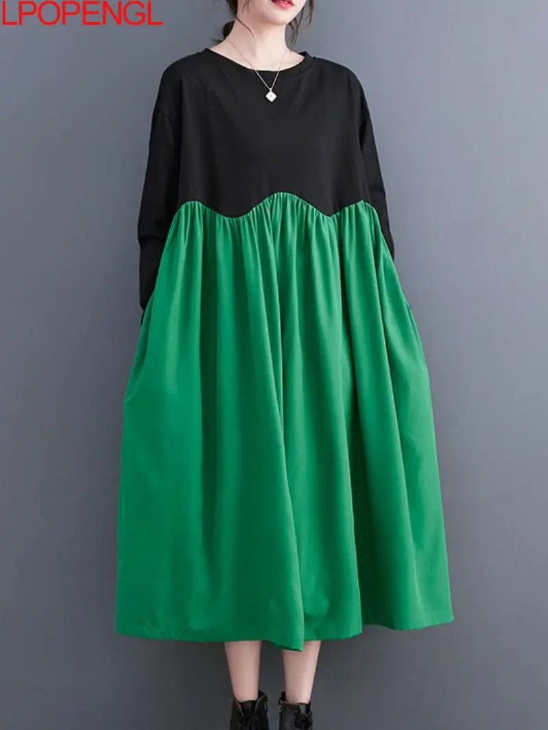 

Женское платье с длинным рукавом, винтажное платье контрастных цветов, пуловер в стиле пэчворк, Платье оверсайз до середины икры с О-образным вырезом, новинка весны-лета 2023