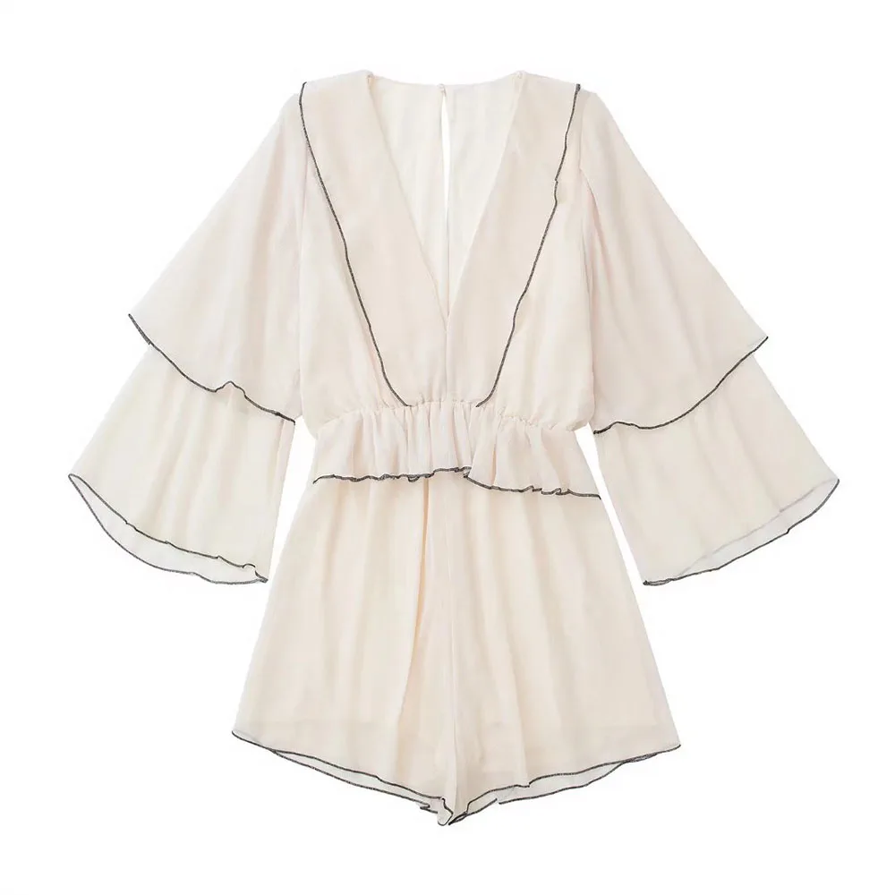 

URMASZA2022 women's spring and summer new fashion short V-neck ruffled bat sleeves Women's jumpsuit