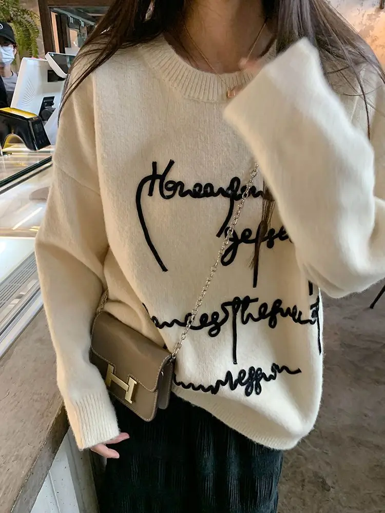 

Deeptown Harajuku Beige Knitted Sweater Women Korean Fashion Chic Letter Oversize Vintage Black Jumper Female Harajuku Pullover