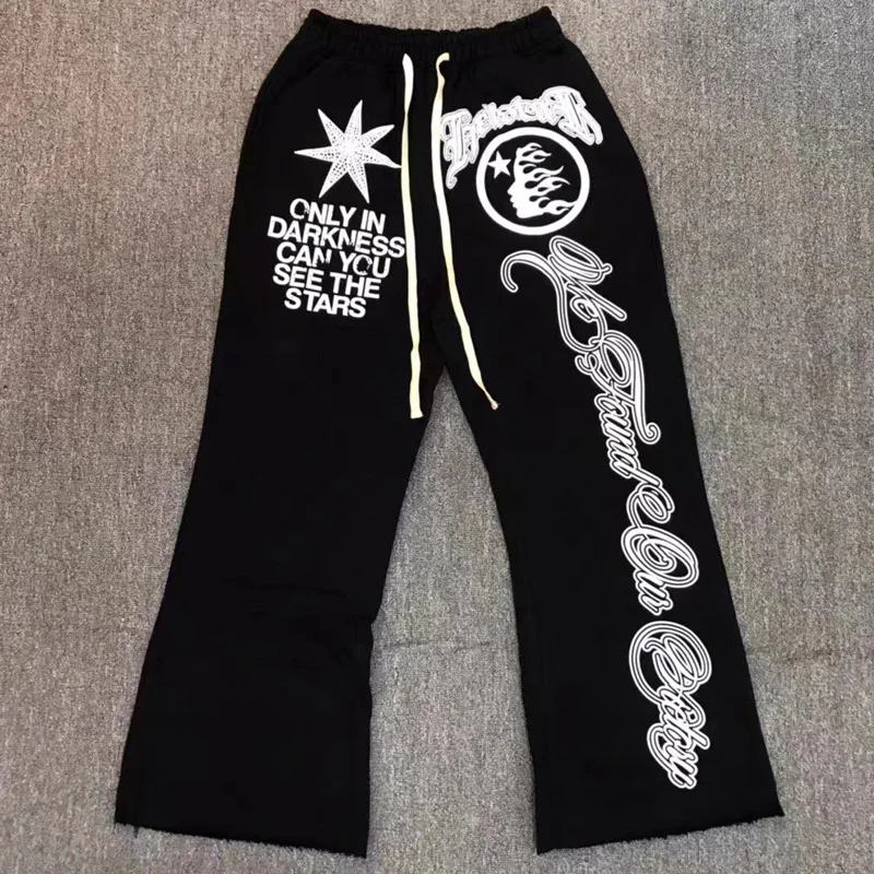 

Black Hellstar Sweatpants Classic Flame Star Letter Print Trousers American Hip Hop Casual Loose Men Women Bell Bottoms