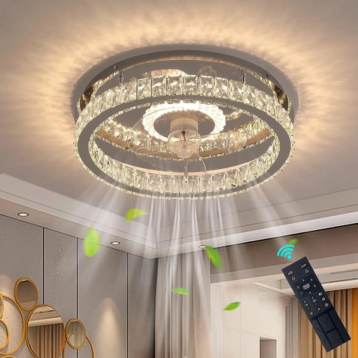 

Fans with Lights Flush Mount Ceiling Fan with Remotel Control Dimmable LED Crystal Low Profile Ceiling Fan Light