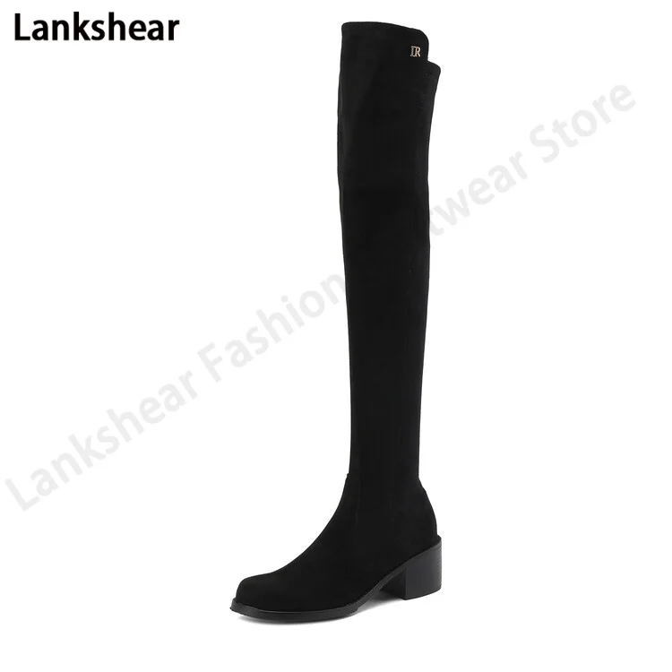 

Suede Round Toe Thick Heel Over-The-Knee Boots Long Tube Women's Elastic Thin Boots Socks Boots Large Size Women's Boots