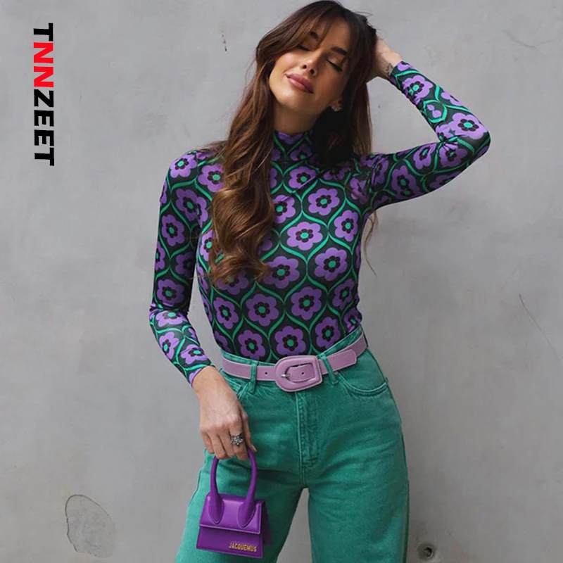

TNNZEET Long Sleeve Crop Top Women Floral Print Vintage 2022 Autumn Summer Casual 90s T Shirts Sexy Fashion Y2K Turtleneck