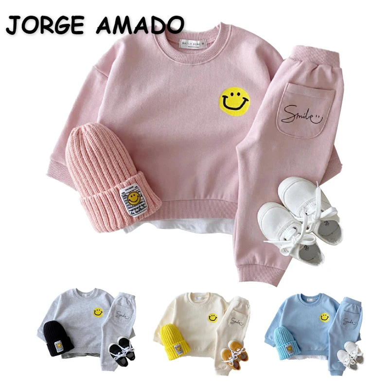 

Осенние комплекты для маленьких девочек и мальчиков, свитшот с длинным рукавом и круглым воротником серого, синего, абрикосового, розового ...