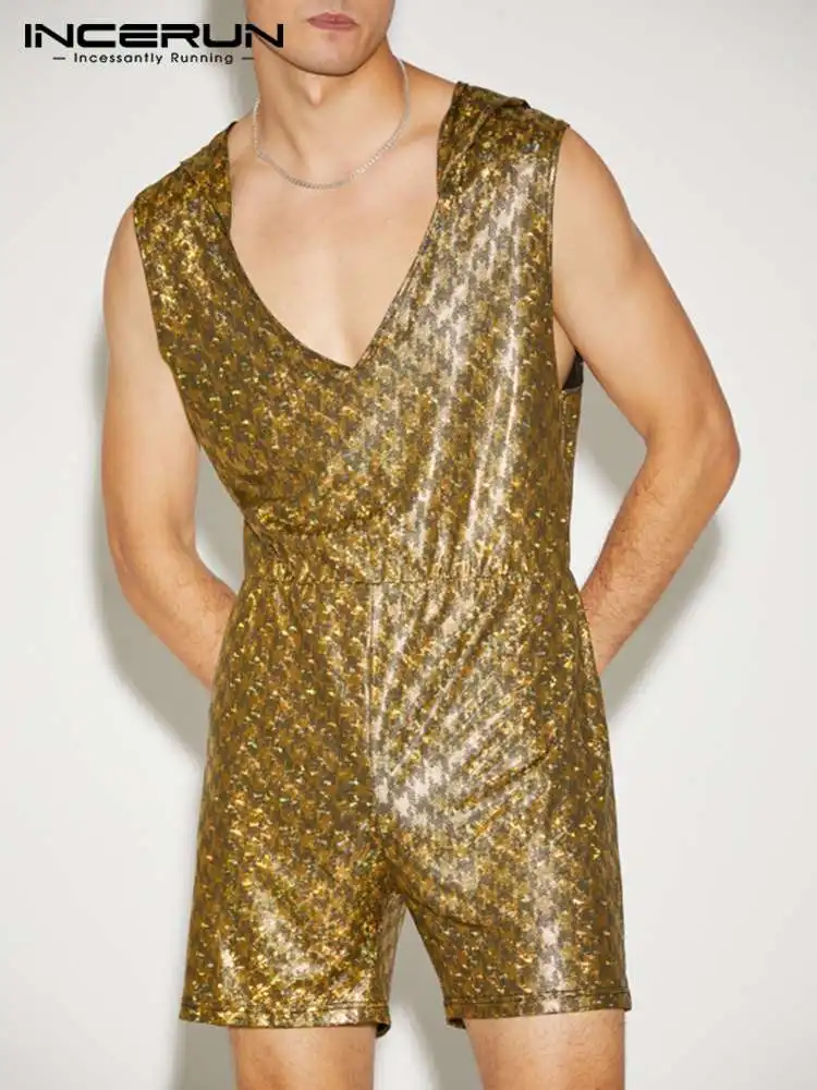 

INCERUN Men Rompers Hooded Printing Shiny V Neck Sleeveless Casual Jumpsuits 2022 Streetwear Fashion Party Nightclub Overalls 7