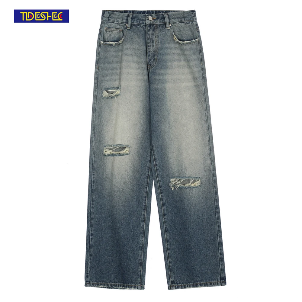 

TIDESHEC Fashion Straight Pants Men's 2022 Ripped Patchwork Jeans Distressed Washed Casual Men Women Hip Hop Streetwear Jeans