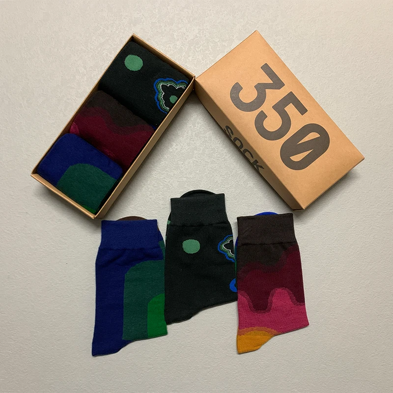 3 Pairs/Box Funny Gradient Paint Stockings Cotton Harajuku Soft Niche Streetwear Skateboard Long Pack Gifts for Men Women Socks