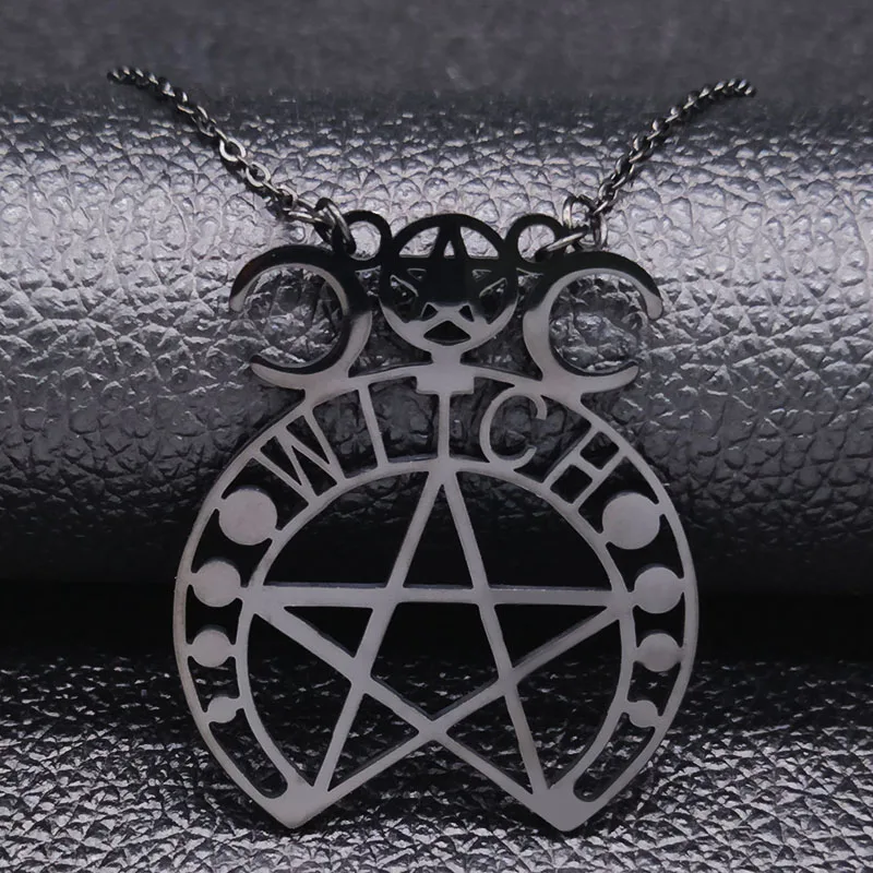 

Witchcraft Pentagram Wicca Triple Moon Goddess Necklace Stainless Steel Women Black Color Witch Star Necklaces Jewelry collares