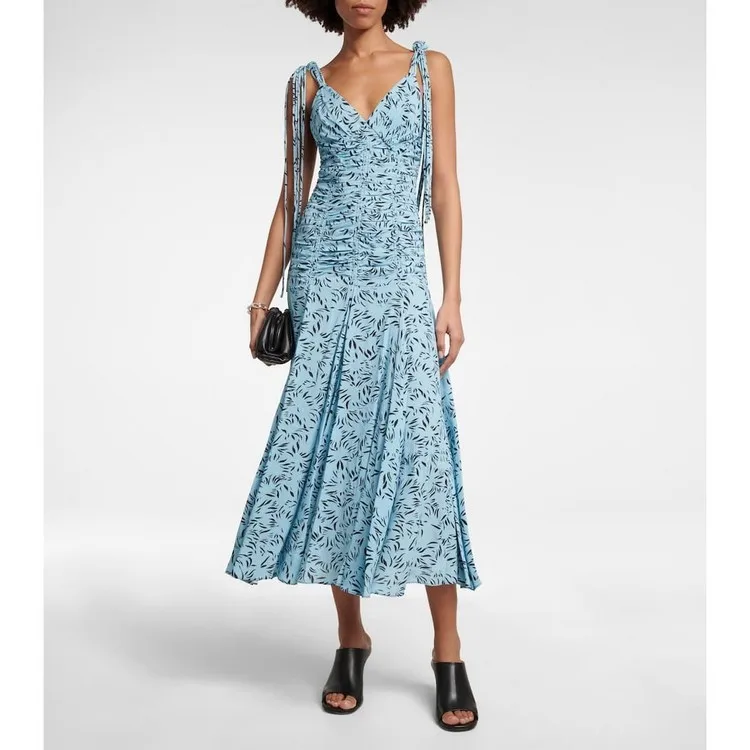 

Women Print V-Neck Lace-up Strap Folds Backless Midi Dress