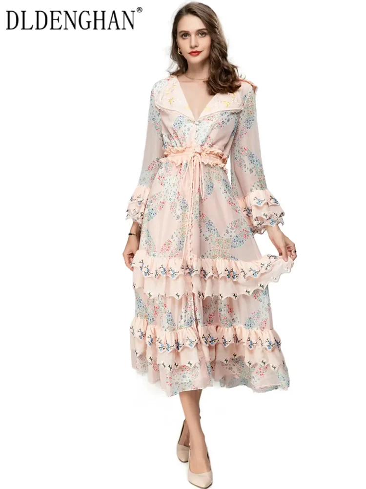 DLDENGHAN Spring Summer Women Dresses V-Neck Flare Sleeve Flower Embroidery Ruffles Single Breasted Vintage Print Dress