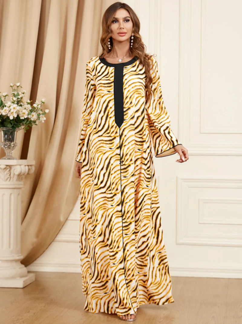 Elegant Casual Leopard Print Muslim Long Dress for Women Ramadan Eid 2023 Moroccan Jalabiya Dubai Caftan Green Long Sleeve Abaya