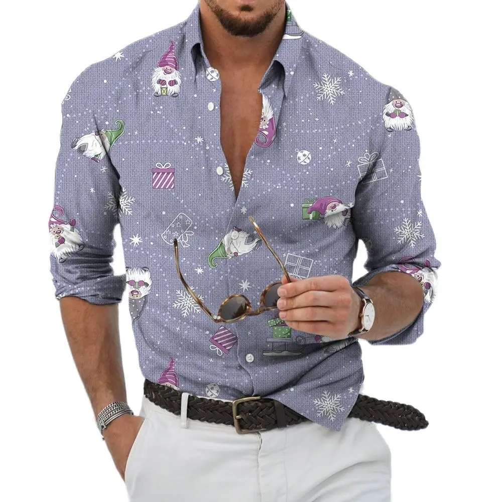2022 New Men's Christmas Print Long Sleeve Button Shirt Fashion Casual Street Men's High quality Polo Large Top S-6XL