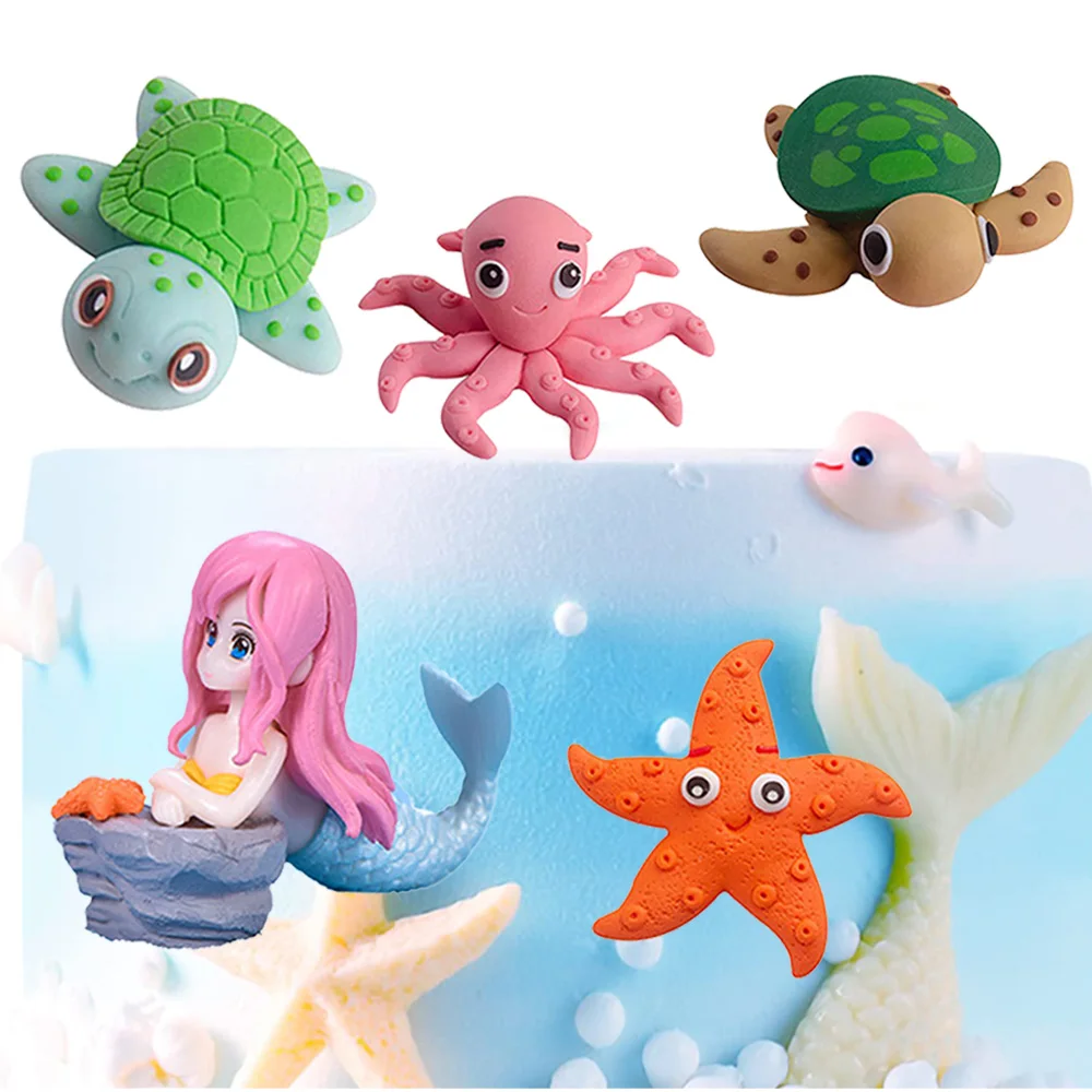 

4Pcs Mermaid Birthday Party Supplies Sea Animals Cake Topper Decoration Under The Sea Turtle Starfish Crab Octopus
