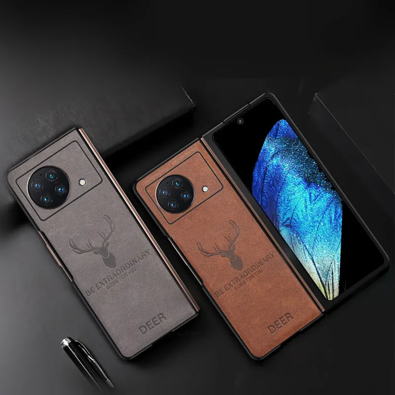Luxury 2in1 Retro Genuine Leather Hard Phone Case for VIVO X Fold 5G Classic Vintage Deer Elk Head Texture Armor Back Cover