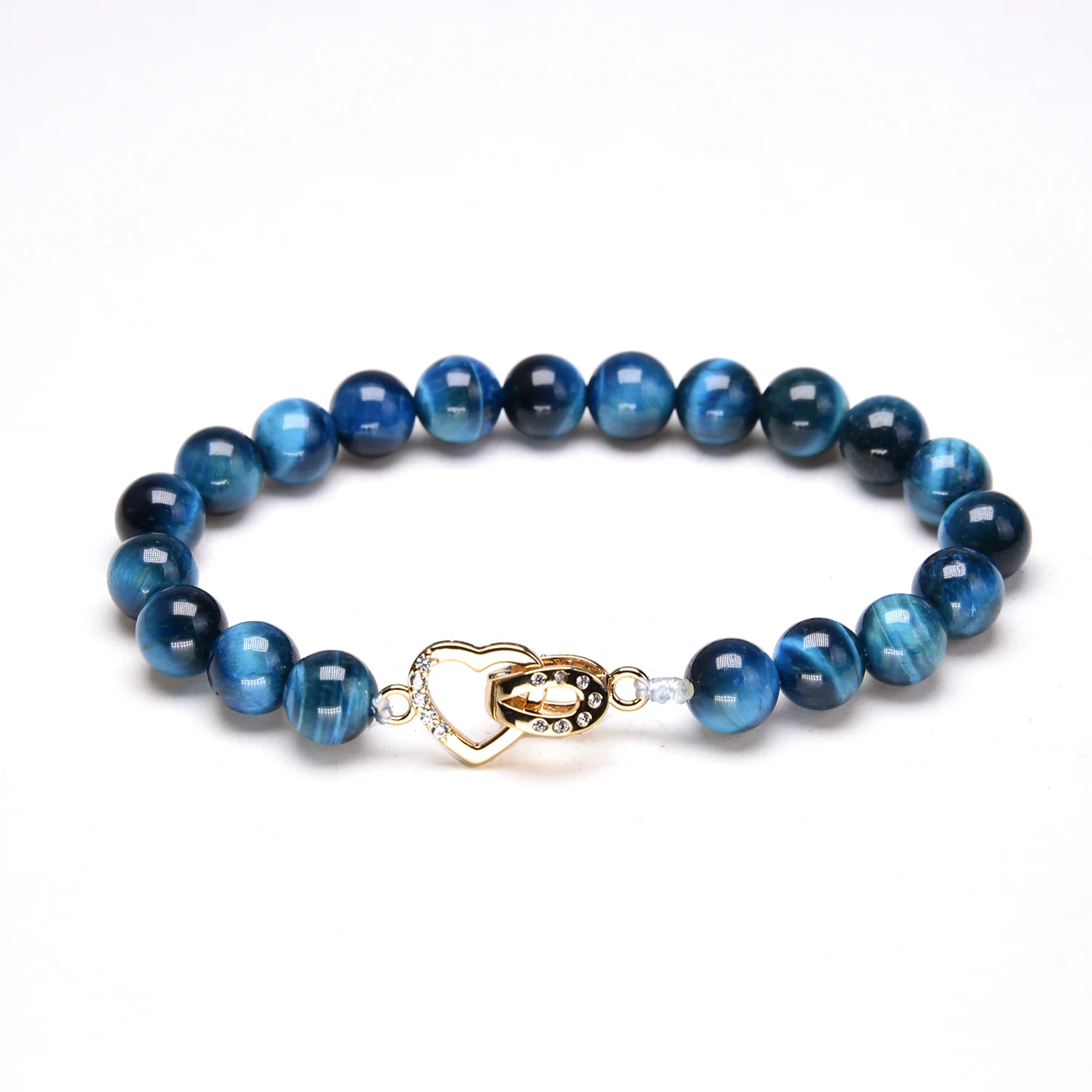 

Minimalist 8mm Lake Blue Tiger eyes Beads Bracelet Wome Natural Stone Braslet For Gile Handmade Love Heart Shape Copper Clasps