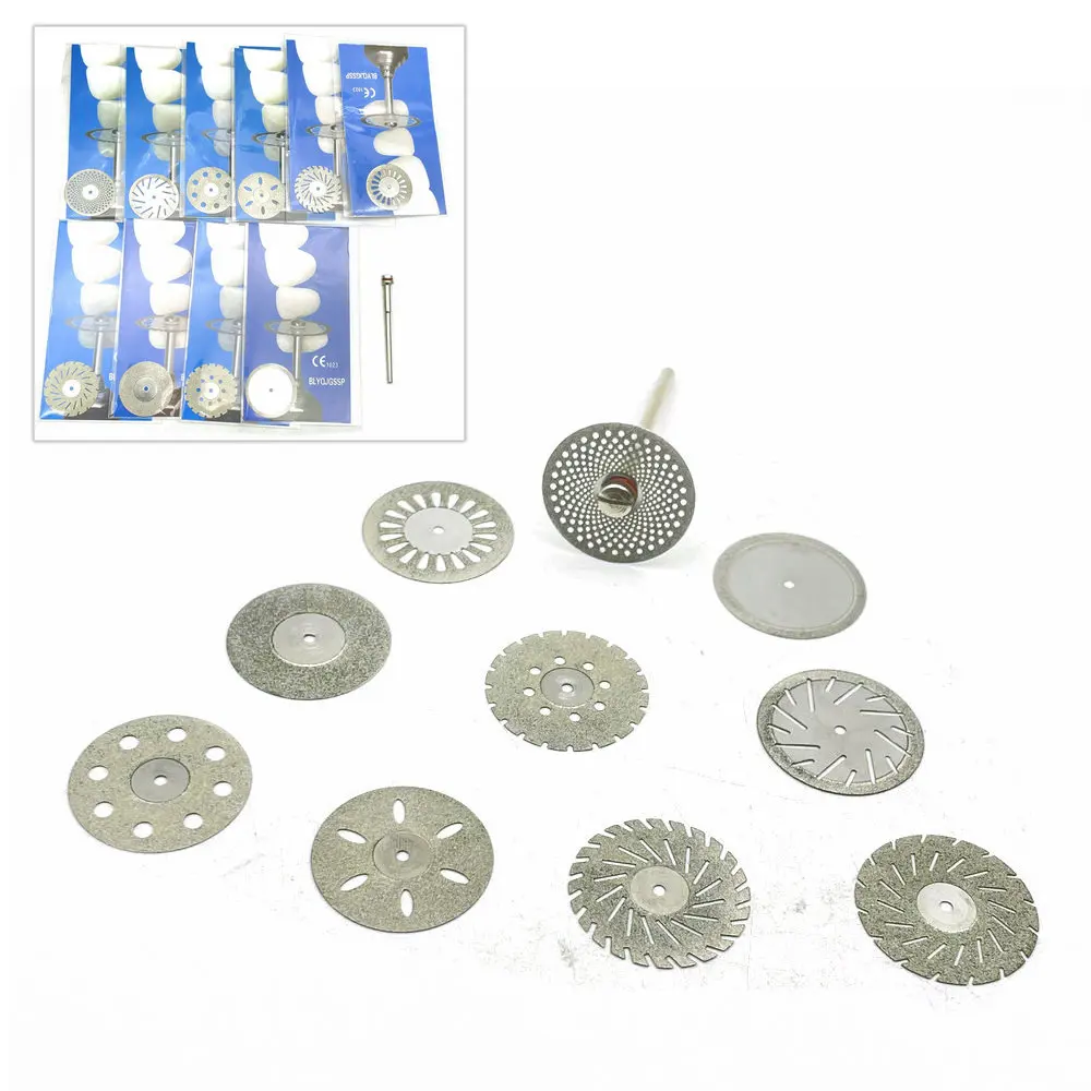 

10pcs Dental lab 0.25mm Double Sided Diamond Cutting Disc for separating polishing ceramic crown plaster or jade with 1 mandrel