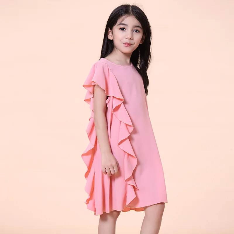 

5-14Y Pink Teenage Girls Ruffles Dresses Summer New Toddler Kids Solid Loose Princess Straight Sundress Children Summer Clothing