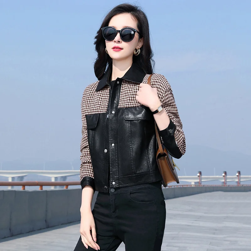 

Leather Jacket Women's 2022 Spring New Korean Thousand Bird Grid Stitched Locomotive Short Slim Fit Sheepskin Leather Jacket