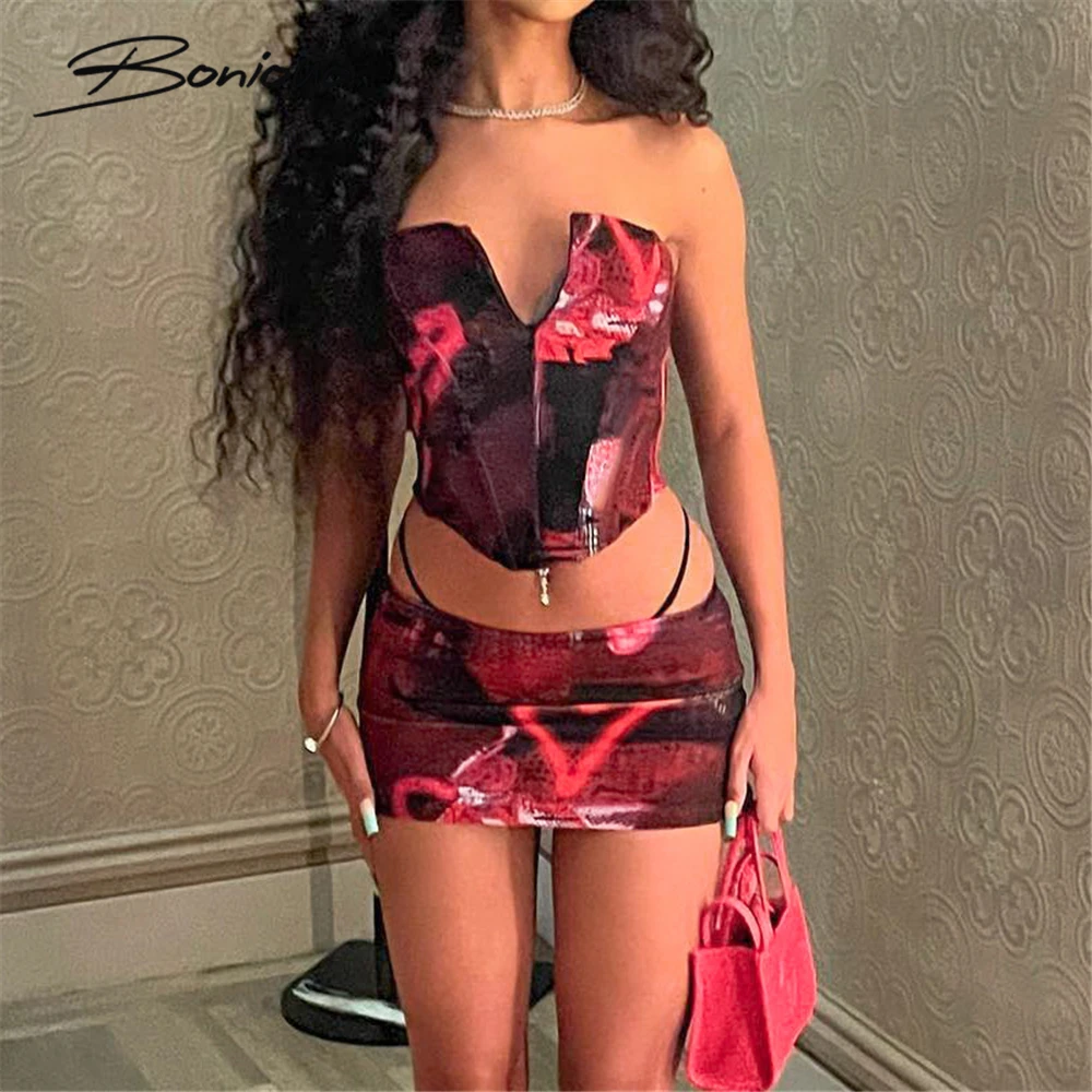 

Boniouo Women Print Sexy Mini Skirts Two Piece Sets Strapless Crop Top High Waist Skirt Suit Female Outfits Clubwear Autumn 2022