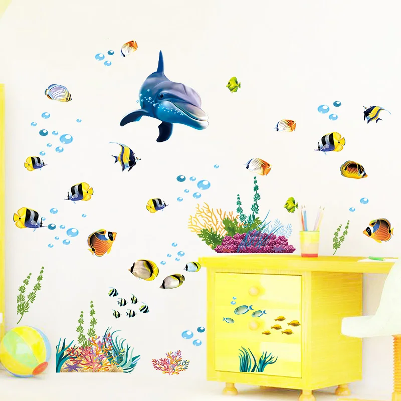 Cartoon coral blue whale bubble wall sticker seaweed world sticker children