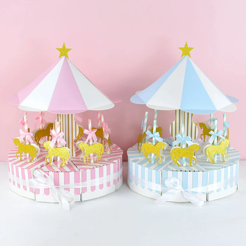 

Carousel Candy Boxes Pink Blue Wedding Favors Paper Box Baby Shower Kids Birthday Party Decoration Souvenir Gifts Case for Guest