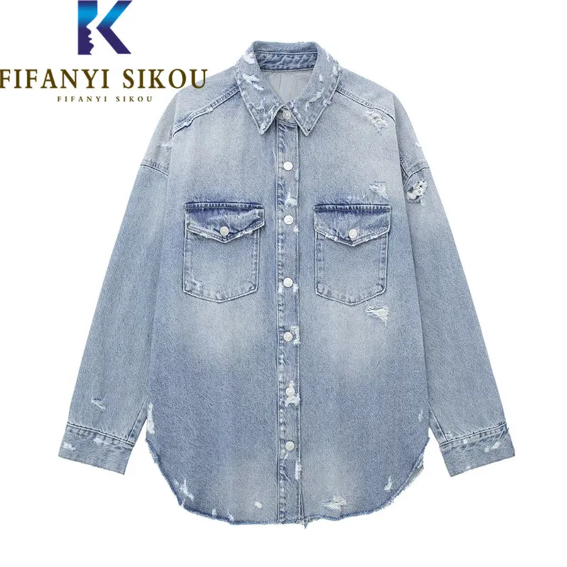 

Ripped Jeans Jacket Women Double Pocket Lapel Long Sleeve Fashion Washed Denim Jacket Autumn Loose Casual Jeans Coat Female
