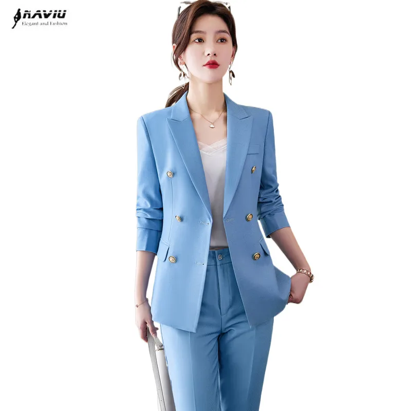 

Sky Blue Suits Women Autumn 2022 New High End Double Breasted Temperament Business Slim Blazer And Pants Office Ladies Work Wear