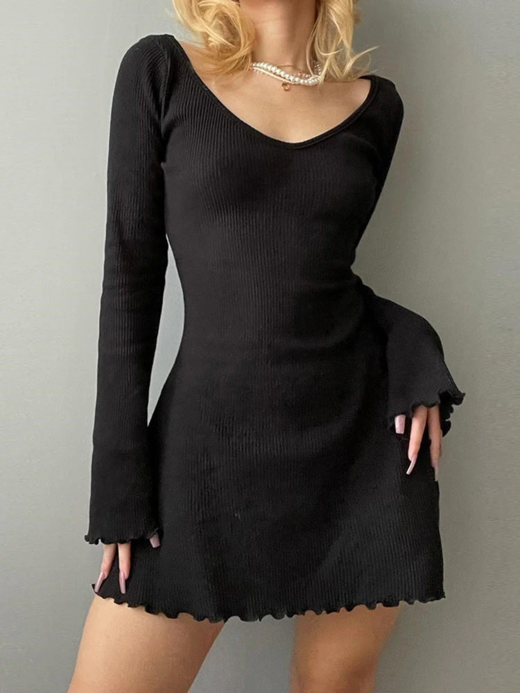 Weekeep Autumn Party Dress Solid Elegant Flared Full Sleeve Slim Knitted Mini A-line Dresses Women Clothing Korean Fashion Lady