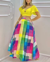 2022 new womens solid color o ring cropped top and colorful plaid skirt set