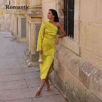 romantic yellow satin evening dress one shoulder and sleeve saudi arabia tea length short prom gowns side slit vestido de festa