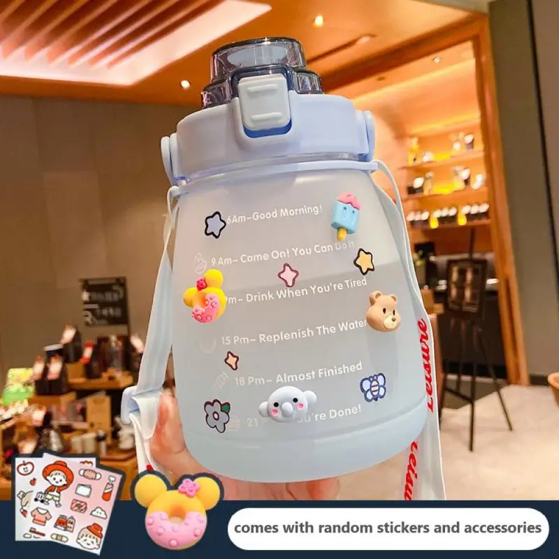 

1400ml Cute Girls Water Bottle With Stickers Straw Big Belly Cup Sports Bottle For Water Jug Children Female Kettle With Strap