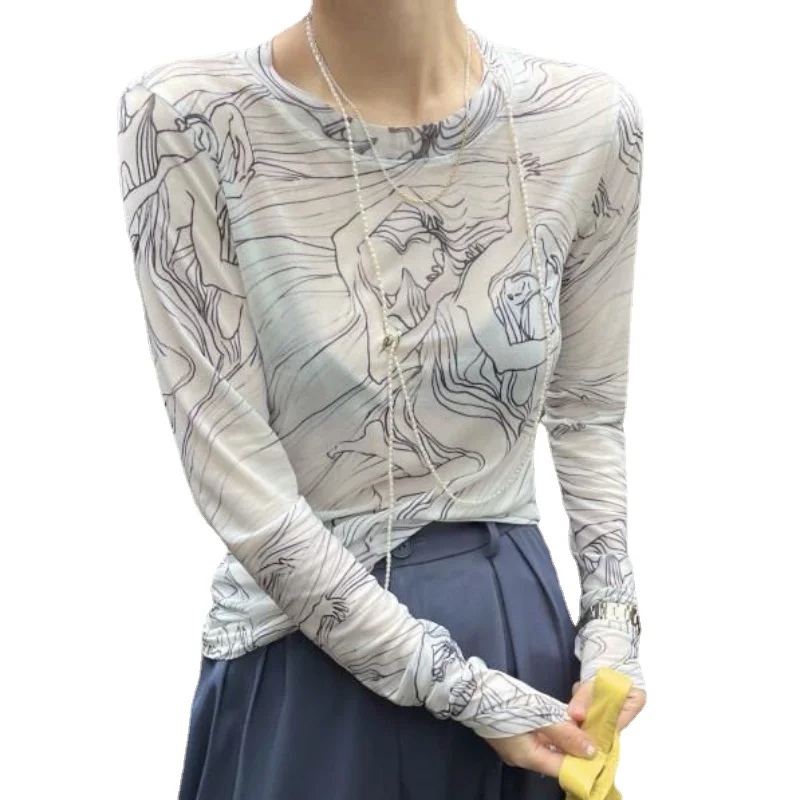 

Женская прозрачная блузка с длинным рукавом, сетчатая блузка с принтом эпохи Возрождения, дизайнерская одежда, 2022