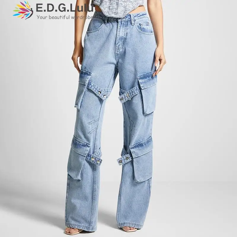 

Модные женские джинсы EDGLuLu с несколькими карманами Y2k уличные Ретро свободные широкие комбинезоны парные повседневные джинсовые брюки для женщин 1025