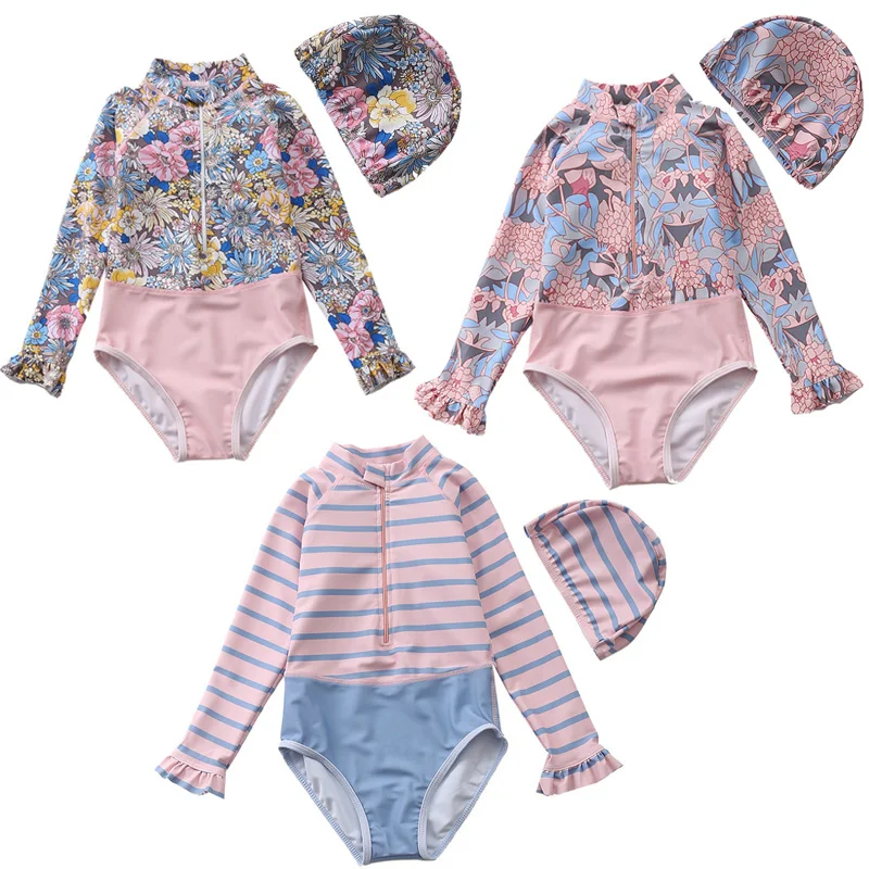 

Лето 2022, Цельный купальник для маленьких девочек, детский купальник с длинным рукавом, спортивная детская пляжная одежда, одежда для купани...