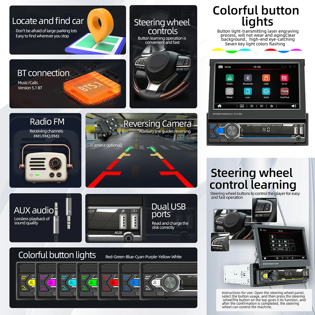 

7-inch Car MP5 Touch Screen Hands-free Bluetooth-compatible 5 1 800x480pix Dual USB AUX Resettable Radio Music Video Film Player