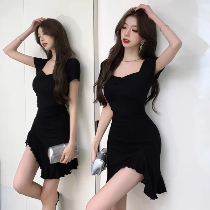 

Women's Dress Above Knee Side-Slit Flounced Edge Dresses Square Collar Slim Vestidos European and American Style Dropship