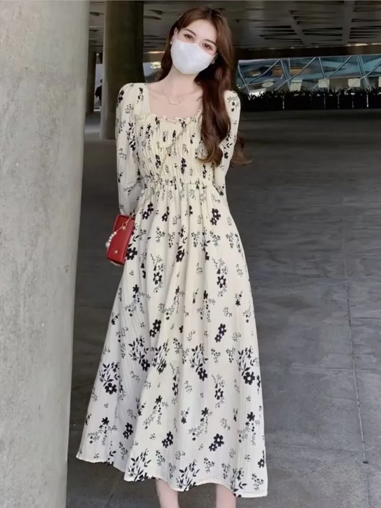 

Spring New Flora Print Midi Dress Women Long Sleeve Fashion A-line Koran Female Clothes 2023 Lady Autumn Ruched Sweet Party Robe