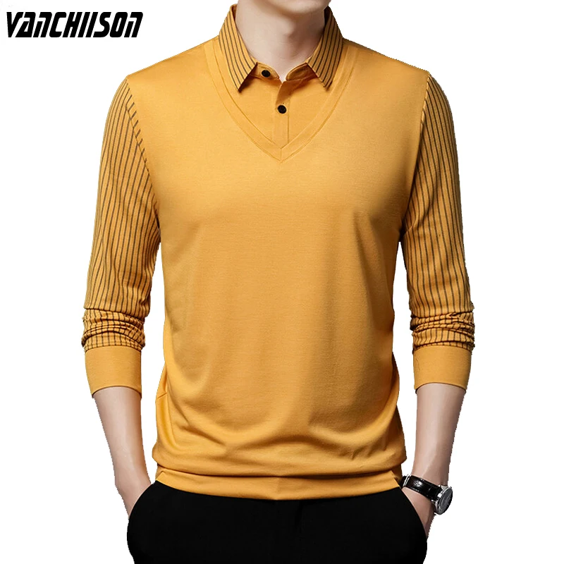 

Men Patchwork T Shirt Tops for Spring Autumn Long Sleeve Fashion Casual Turndown Collar Male Fashion Clothing 0004D3208