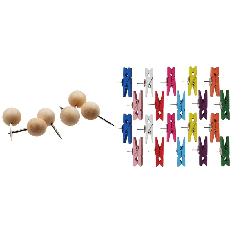 

130Pcs Round Wood Decorative Push Pins & 20X Push Pins With Wooden Clips Pushpins Tacks Thumbtacks, Creative Paper Clips