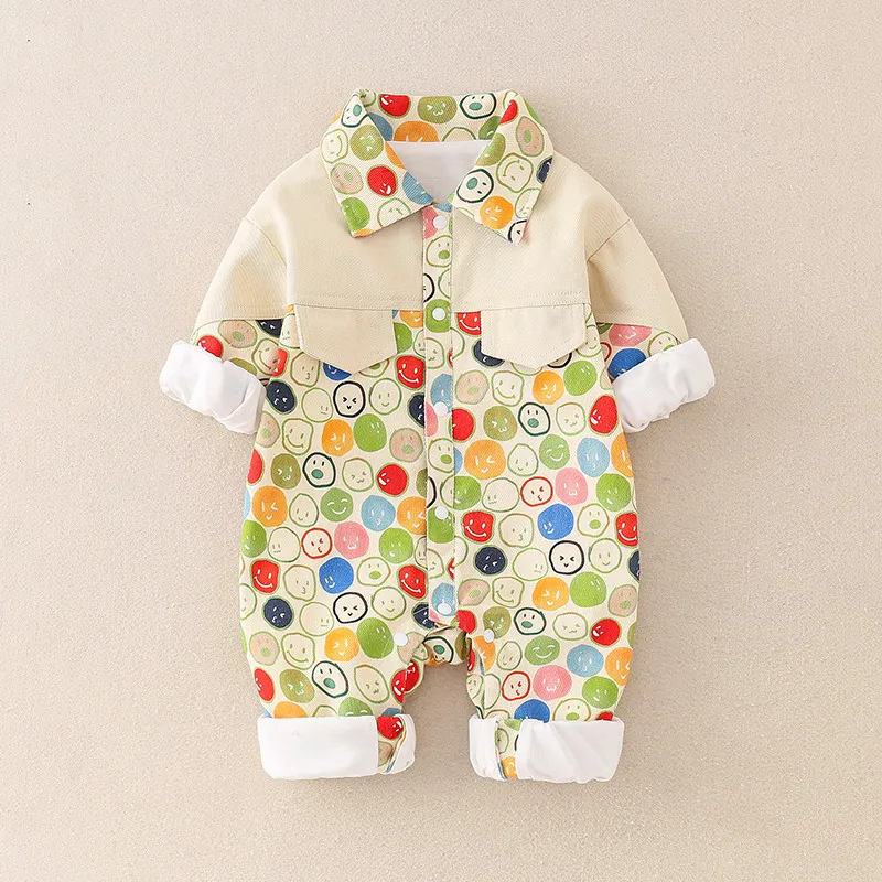 

Эксклюзивная осенняя одежда для малышей 2023, комбинезоны для новорожденных мальчиков и девочек, комбинезон с лацканами и улыбающимся лицом и длинным рукавом, модная детская одежда, 9 месяцев