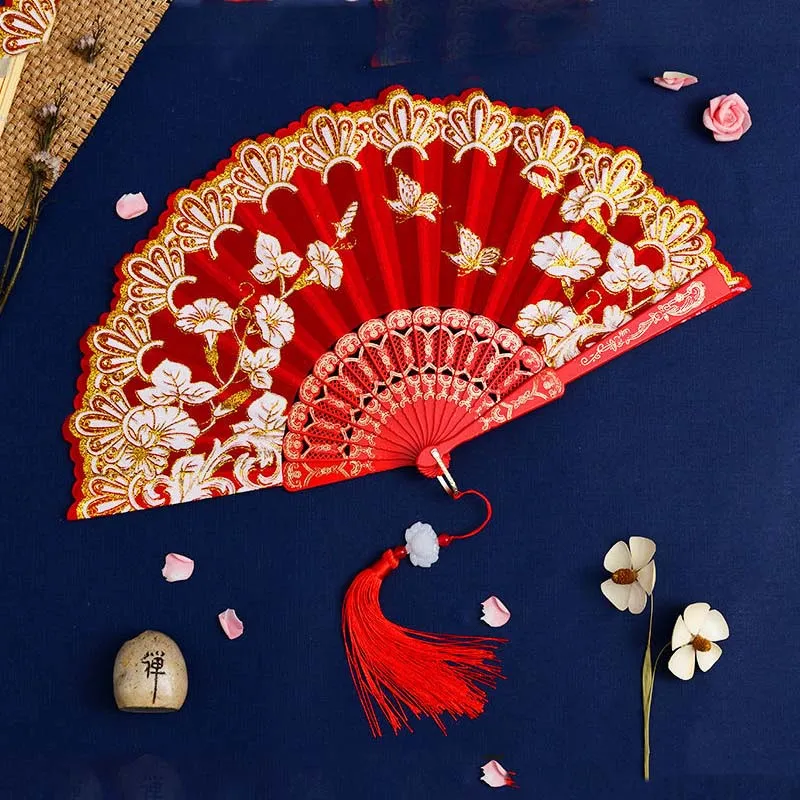 

Foldable Fan Collapsible Dance Party Wedding Portable Hand Fan Chinese Style Silk Cloth Fan Decoration Handicraft Hand Held Fan