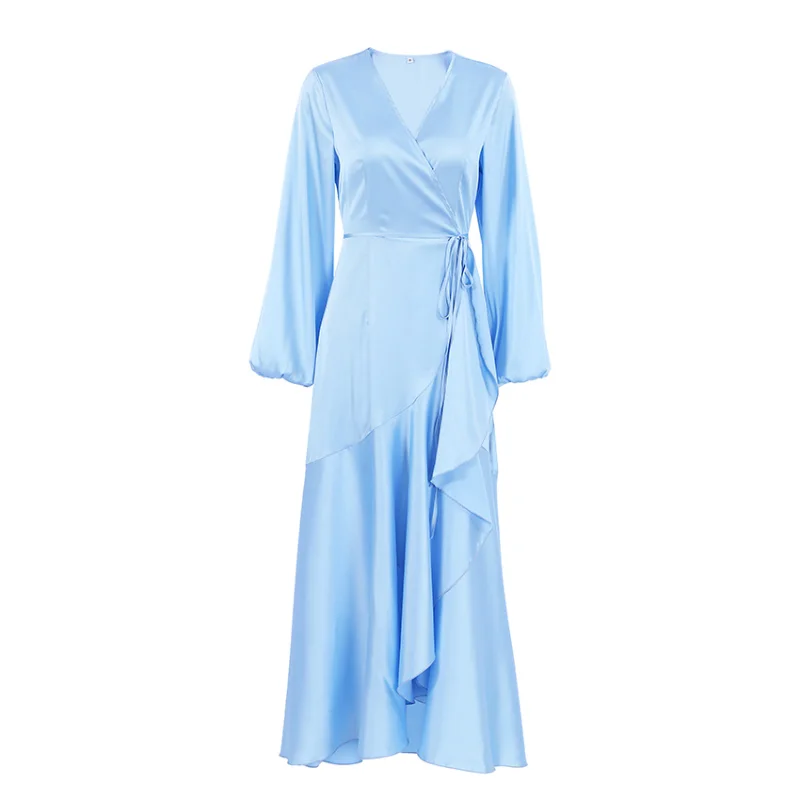 

Women's Ice Silk Elegant High Waist V-Neck Long Sleeve Dress