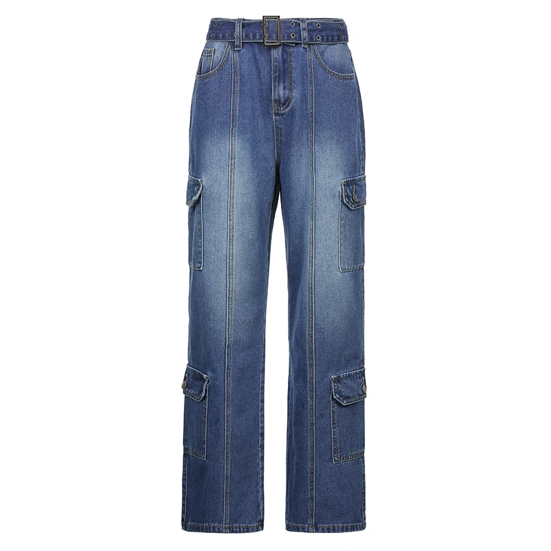 2023 Autumn Streetwear Baggy Jeans Sashes Women Plus Size Pockets Wide Leg Cargo Pants Low Waist Y2K 90s Straight Denim Trousers