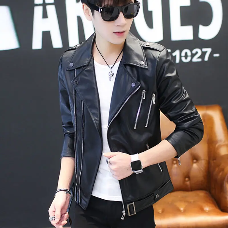 

2023 Spring Autumn New Leather Jacket Men Slim Slant Zipper Motorcycle Coat Youth
