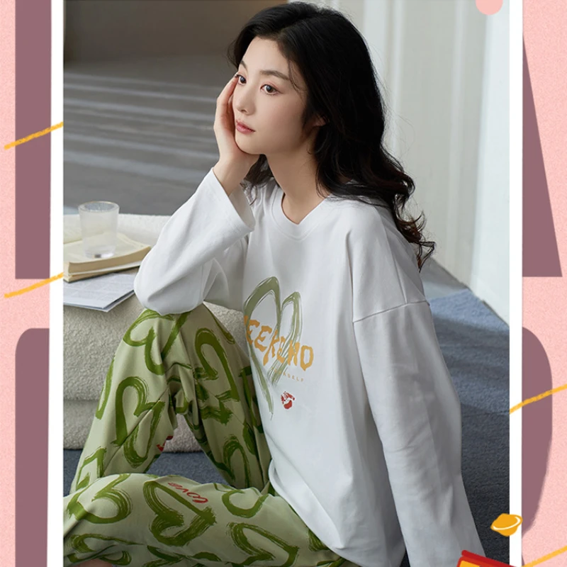 Women's Spring and Summer Pajamas Cotton Long-sleeved Trousers Round Neck Sleepwear Sweet Princess Style Home Suit Loungewear