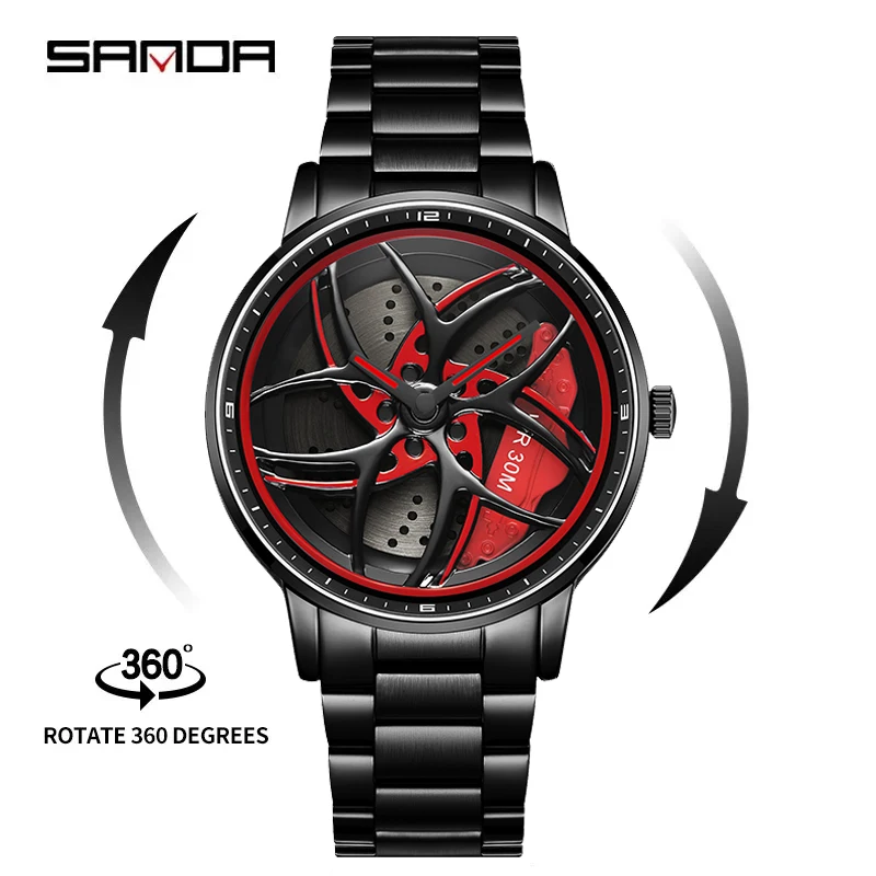 

SANDA P1091 2023 Real 3D Model Spinning Car Wheel Hub Watch Luxury Move Waterproof Super Rim Watches For Men Orologio da uomo