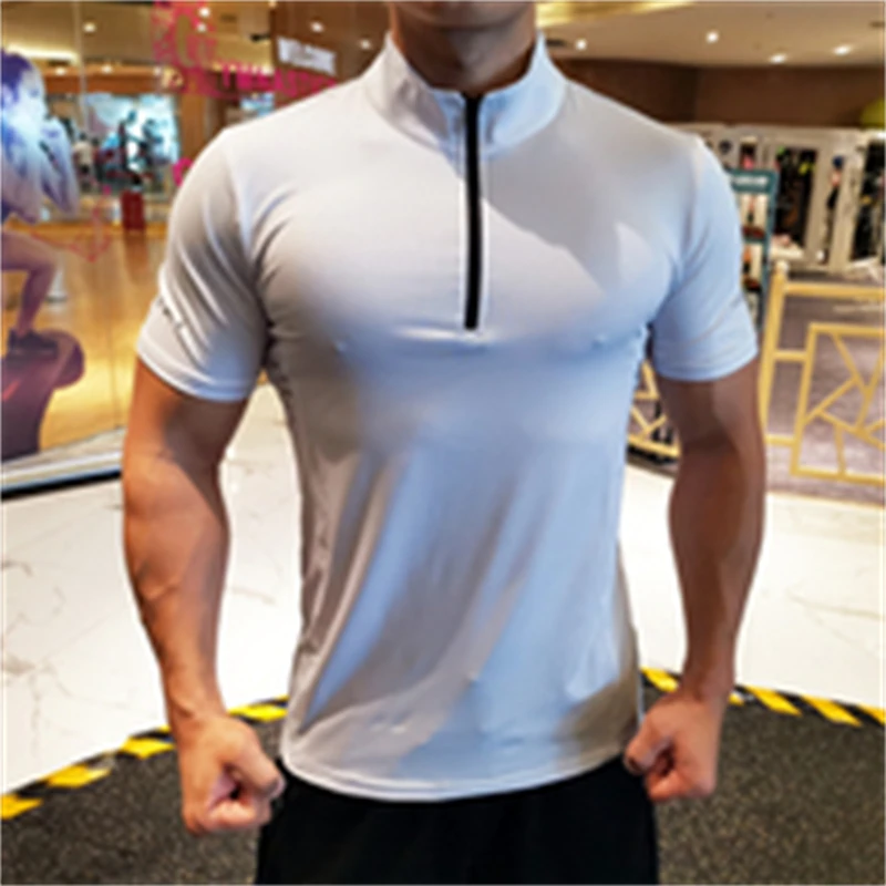 2023 Men Summer Sports T-shirts Quick Dry Breathable Short Shirts Fitness Running Outdoor Gym T Shirt Male Casual Zipper Up Tees